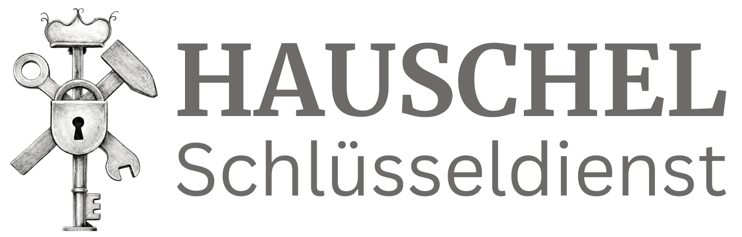 Ein Logo mit einem Schriftzug "Hauschel Schlüsseldienst und einem schloss mit Hammer, Schlüssel und kröne als symbol